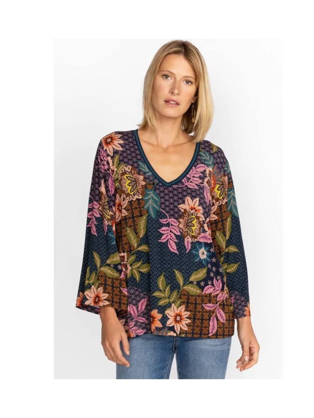 Johnny Was Delfino V-Neck Kimono Sleeve Tee Women's L